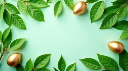 Golden Eggs Nestled Amongst Vibrant Green Foliage on a Mint Background, a Springtime Display of Nature's Beauty and Preciousness