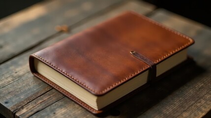 Luxurious Leather-Bound Journal Resting on a Rustic Wooden Surface, Exhibiting Exquisite Craftsmanship and a Timeless Design