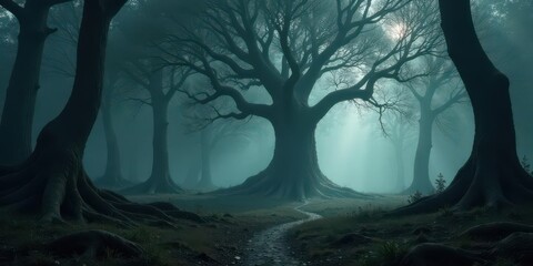 A mysterious path winds through an ancient forest shrouded in ethereal mist, leading towards a majestic, gnarled tree at the heart of the woods