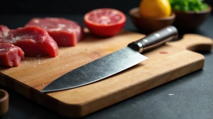 A chef's knife rests on a wooden cutting board beside seasoned raw meat cuts