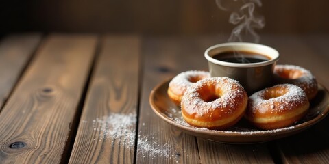 A delightful plate of powdered sugar donuts accompanied by a steaming cup of coffee, resting on a rustic wooden surface