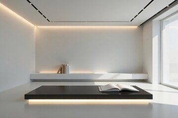 Modern Minimalist Interior Design Open Space with Integrated Lighting and Low Shelf Featuring a Book