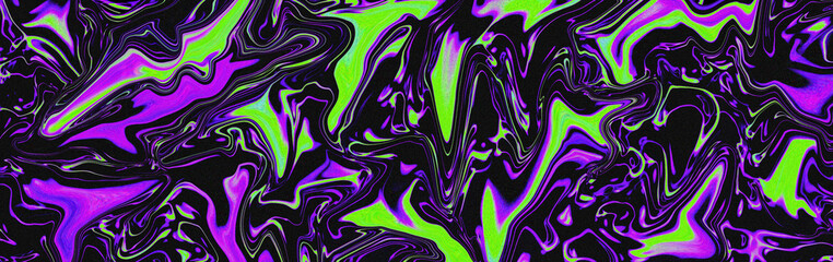 Psychedelic abstract background with neon green and purple liquid swirls on black. Iridescent, wavy texture with a bold Y2K feel  perfect for edgy digital and trendy creative projects.