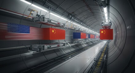 Obraz premium Containers are moving through a high-tech tunnel with US and China flags displayed prominently
