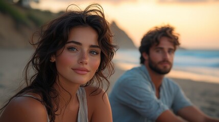 Fototapeta premium Romantic couple sits on beach at sunset