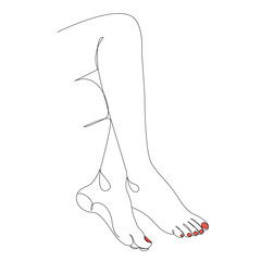 Silhouettes of human legs, feet in modern one line style. Red painted nails. Continuous line drawing, stickers, logo. Vector illustration.