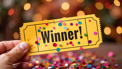Hand holding winner ticket surrounded by colorful confetti