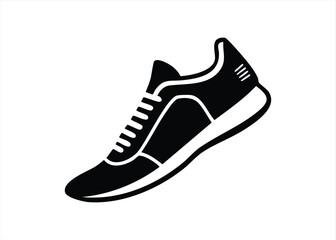 Black and white outline illustration of a modern athletic running shoe design