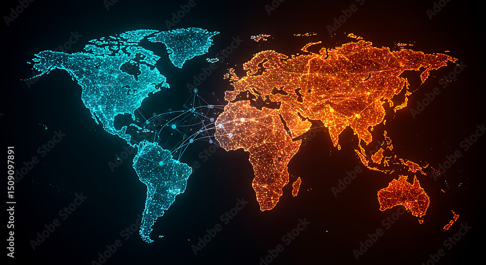 Poster digital world map global network connectivity abstract futuristic illustration technology and commun