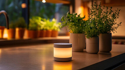 A smart home hub device resting on a kitchen countertop with indoor beside it in the background 