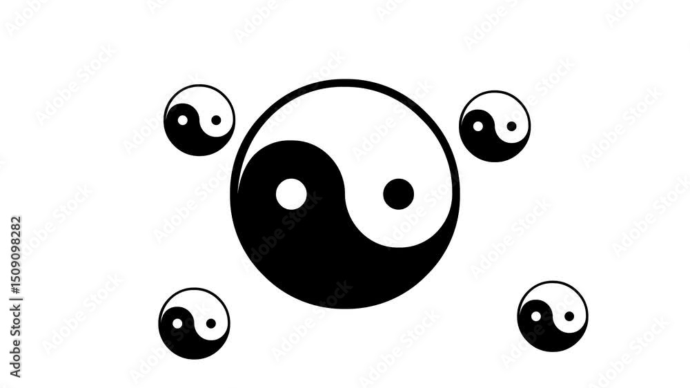 Poster zoom in and out animation the yin yang symbol. large black symbol in the center and four small symbo