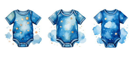 Blue bodysuit with clouds and stars, in blue colors - vector watercolor illustrations for Babyshower for boy, for birthday	