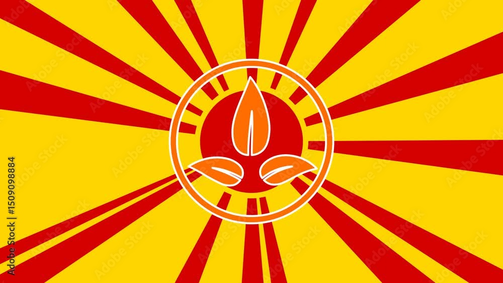 Poster ecology symbol on the background of animation from moving rays of the sun. large orange symbol incre