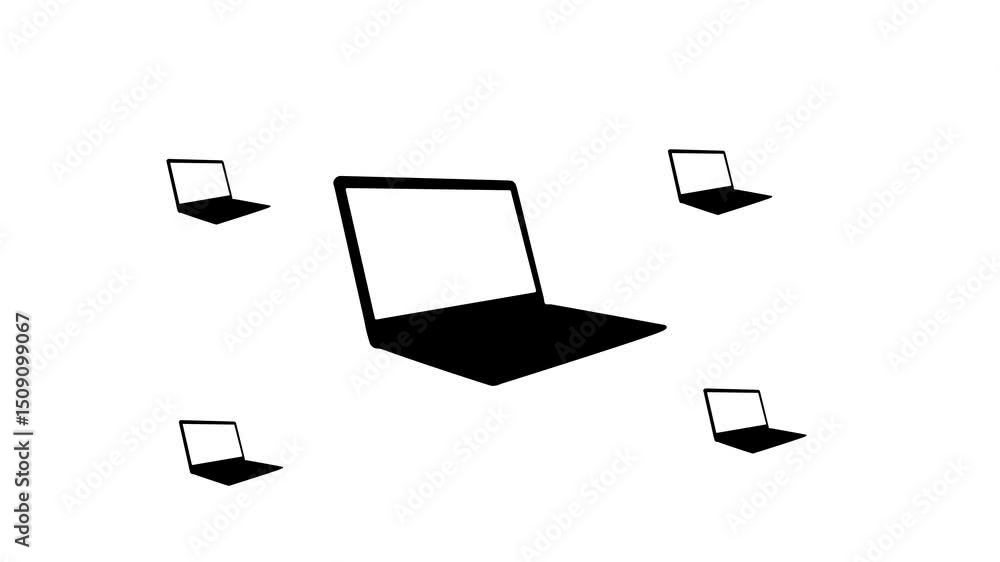 Poster zoom in and out animation the notebook symbol. large black symbol in the center and four small symbo