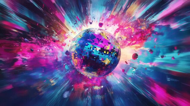 A disco ball reflects vibrant colors and bursts of light in a creative and energetic visual composition