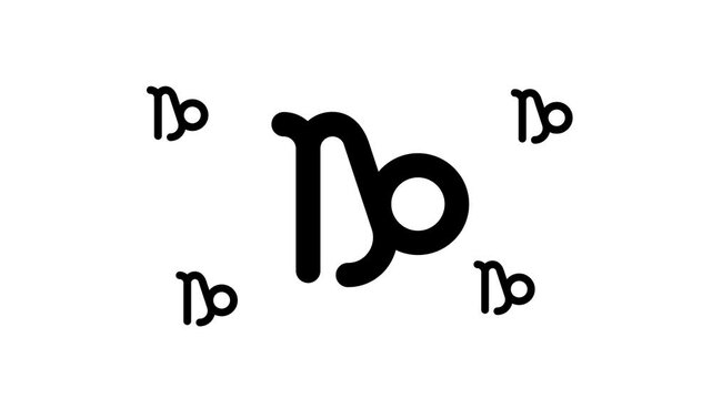Zoom in and out animation the zodiac capricorn symbol. Large black symbol in the center and four small symbols around. Seamless looped 4k animation on white background