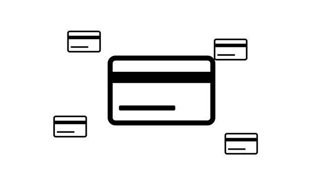 Zoom in and out animation the credit card symbol. Large black symbol in the center and four small symbols around. Seamless looped 4k animation on white background