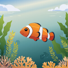 Naklejka premium A vibrant tropical fish swims through turquoise ocean waters, surrounded by colorful plants as sunlight beams from above, creating a tranquil, serene underwater paradise.