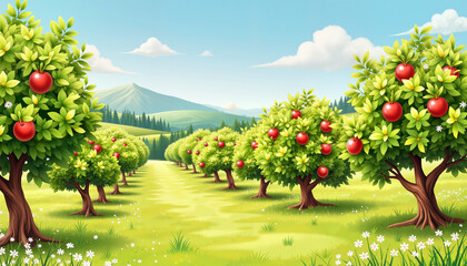 An illustration of a lush apple orchard with trees bearing red apples under a blue sky