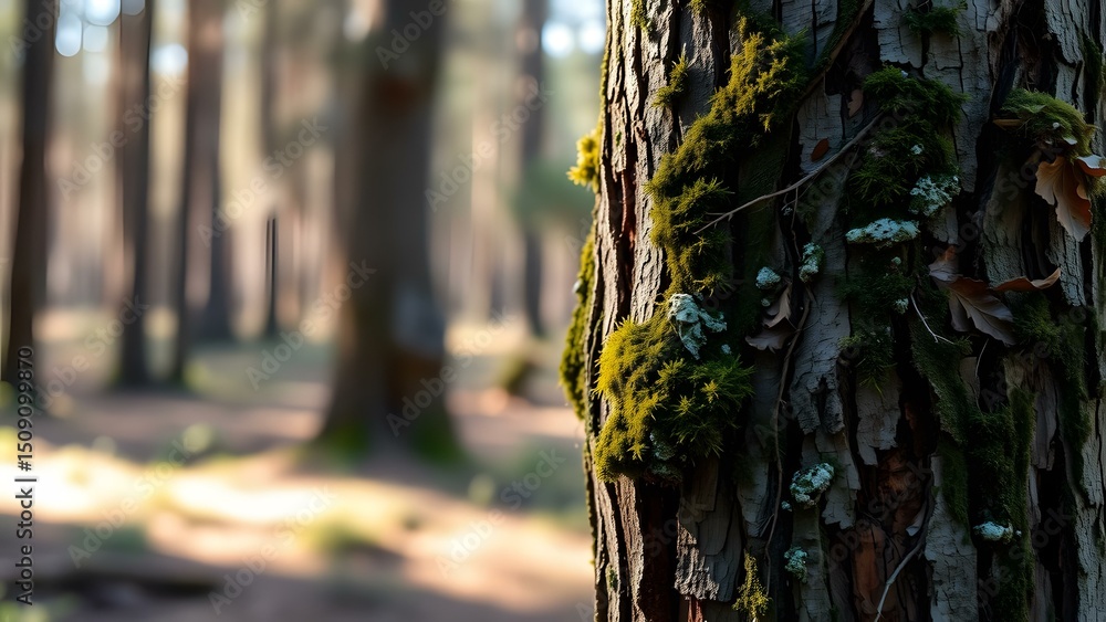 Poster a close-up view of a moss-covered tree trunk shows nature's textures in a serene forest setting.