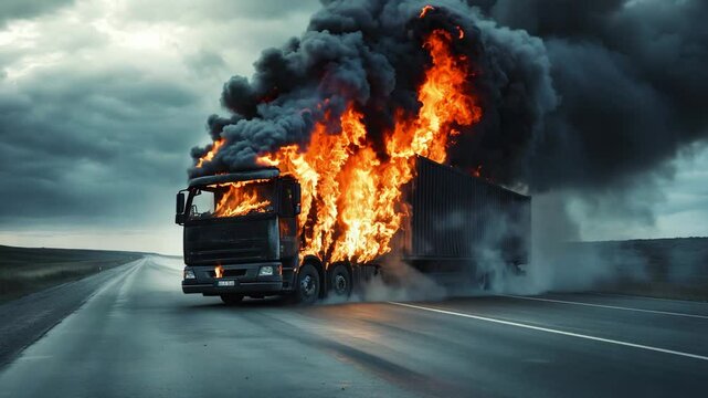 A delivery truck is on fire with thick black smoke billowing into the stormy sky as it rests on a highway