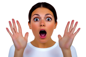 Surprised brunette female with hands raised, cut out transparent