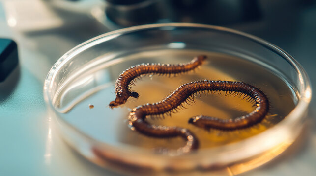Microscopic view of parasitic worms in a petri dish, surrounded by lab equipment, symbolizing medical research and health concerns in scientific studies.
