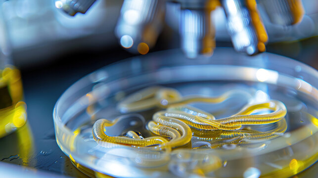 Microscopic view of parasitic worms in a petri dish, surrounded by lab equipment, symbolizing medical research and health concerns in scientific studies.
