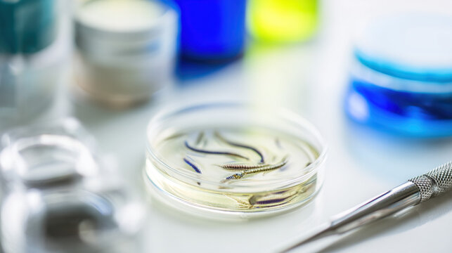 Microscopic view of parasitic worms in a petri dish, surrounded by lab equipment, symbolizing medical research and health concerns in scientific studies.
