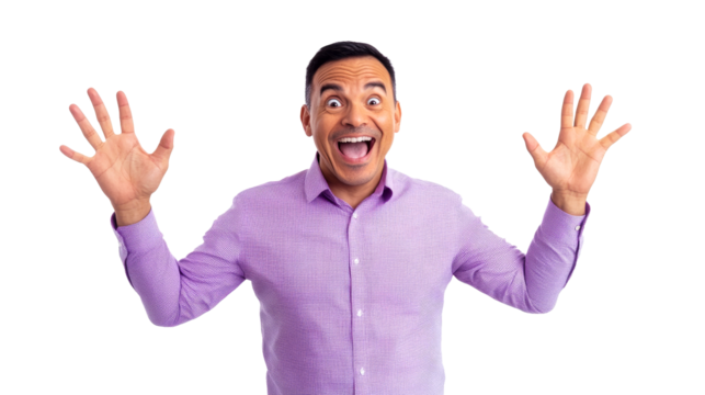 Hispanic man with surprised expression, hands up, cut out transparent