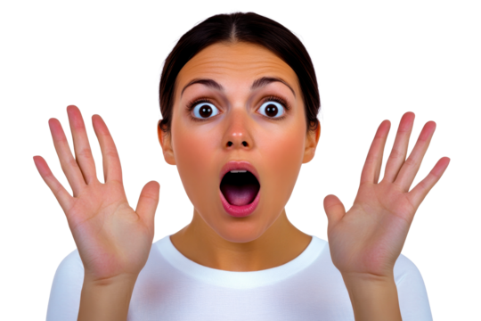 Surprised brunette female with hands raised, cut out transparent - Powered by Adobe