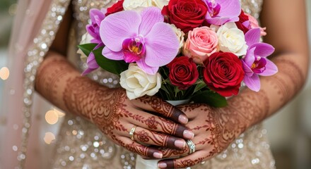 A person holds a beautiful bouquet of roses and orchids with henna-decorated hands at a wedding