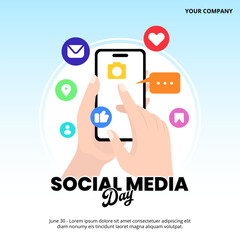 World Social Media Day design with hands holding a smartphone