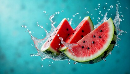Sliced watermelon splashing into water, refreshing summer scene with dynamic motion and vibrant colors
