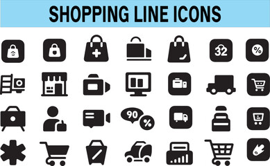Shopping icon set. Online shopping, shopping bag store, delivery, promotion, and shopping cart symbol. Vector and solid icons.