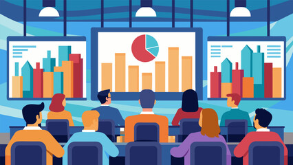 A bustling city council meeting features large screens displaying realtime data and statistics allowing policymakers to monitor the effectiveness of previous datadriven decisions.. Vector illustration