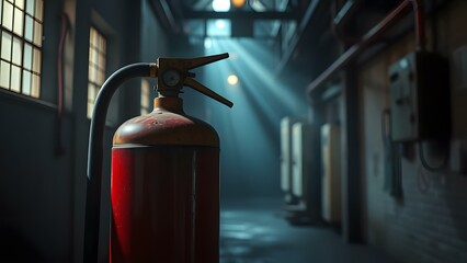 A focused shot of a fire extinguisher in an industrial setting, emphasizing safety and emergency preparedness.