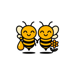 Cute Cartoon Bees Holding Hands with Honey and Flower