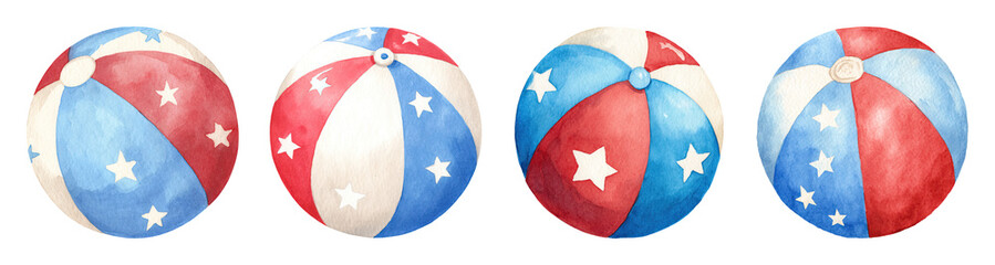 Patriotic watercolor concept of colorful beach balls with star patterns in red white and blue