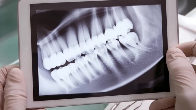 A dental professional examines an X ray on a tablet, focusing on tooth alignment and oral health in a clinical environment with instruments nearby