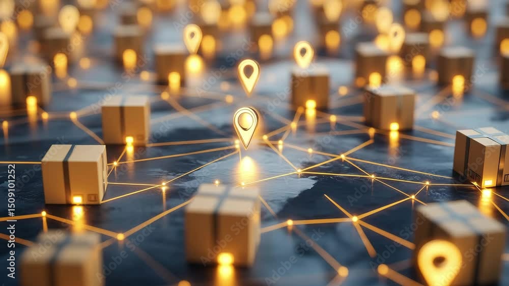 Poster packages are displayed in a network layout with location markers highlighting connections across a g