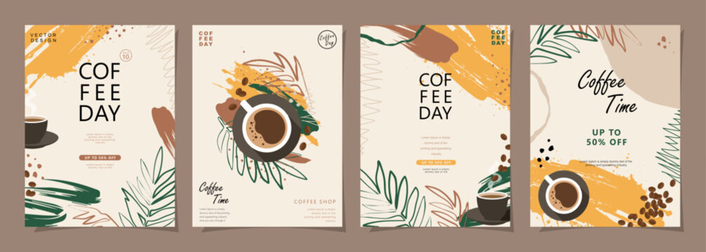 Set of sketch banners with coffee beans and palm leaves on simple background for invitations, cards, banner, poster, cover, coffee shop menu or another template design. Vector illustration.