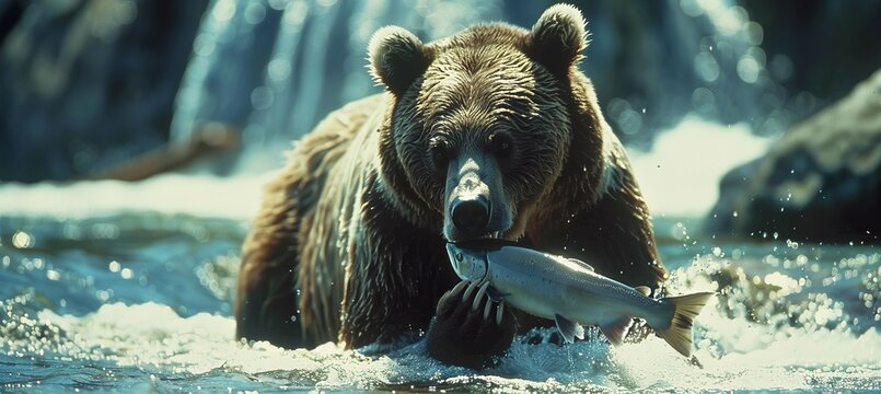 A bear skillfully catches salmon in a rapidly flowing river during a thrilling fishing moment