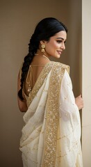 A woman in a stylish saree poses against a soft backdrop, highlighting her elegance and jewelry