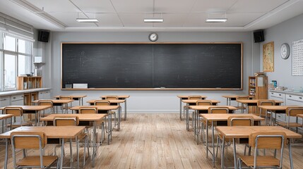 Empty classroom interior with wooden desks, chairs, large chalkboard and bright lighting in modern school