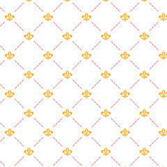 A seamless repeating pattern featuring the classic fleur-de-lis symbol in golden yellow with red dashed diagonal lines forming a diamond grid. Perfect for textiles, wallpapers.