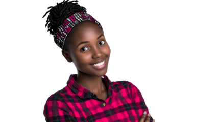 African girl with headwrap in a plaid shirt, cut out transparent