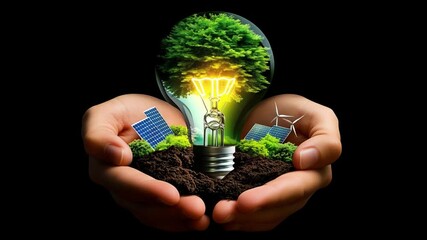 Hands holding light bulb with a tree inside, growing from soil, surronded by solar panels and wind turbines as symbols of renewable energy and sustainability