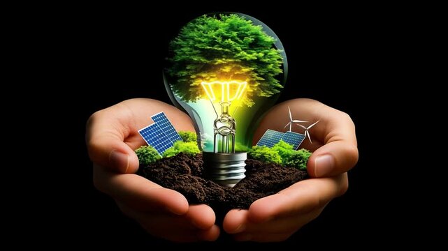 Hands holding light bulb with a tree inside, growing from soil, surronded by solar panels and wind turbines as symbols of renewable energy and sustainability