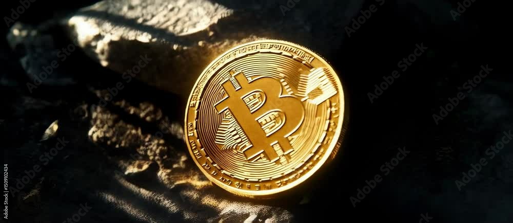 Aufkleber glowing bitcoin transitioning on dark surface in increasing light